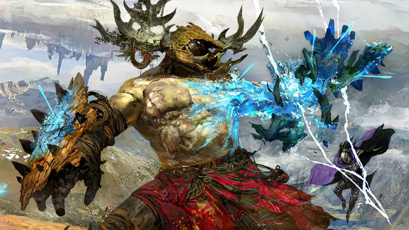 Guild Wars 3 avec une scène de combat dans un décor fantastique