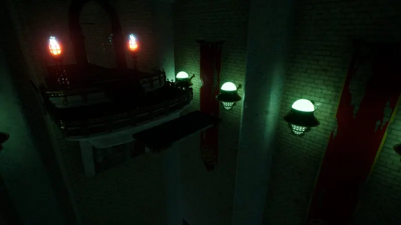 L'intérieur d'un donjon éclairé par des lampes avec des bannières sur les murs.