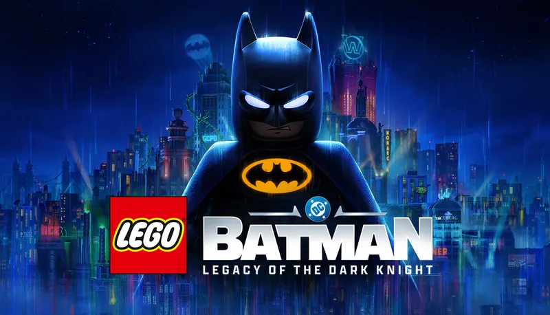 LEGO Batman Switch 2 avec Batman devant Gotham et le logo officiel du jeu