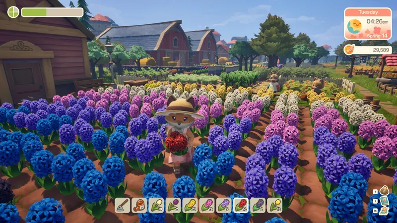 Everbloom montrant un vaste champ de fleurs et la personnalisation de la ferme