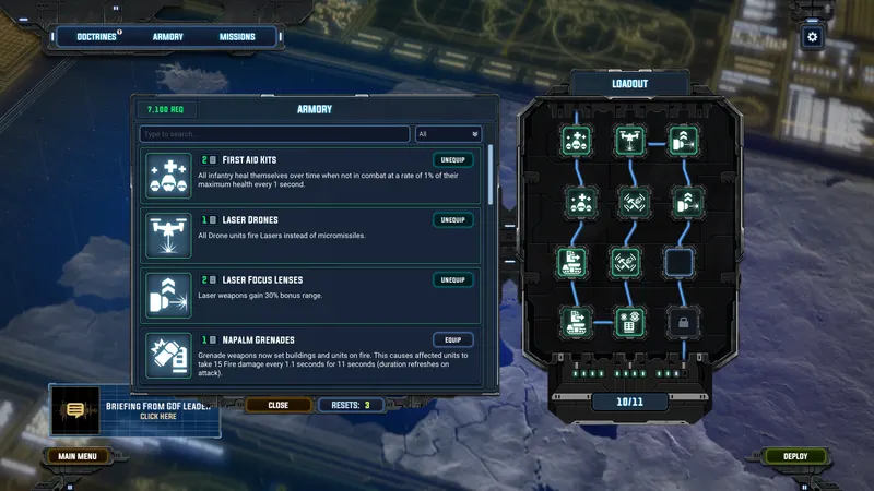 Écran Armory GDF de Tempest Rising avec choix d’améliorations avant mission