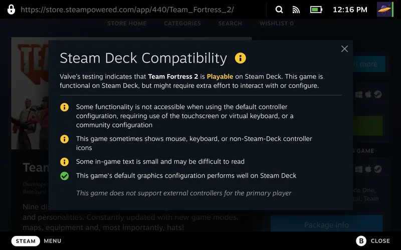 Fenêtre de compatibilité Steam Deck indiquant un statut Playable avec des ajustements manuels