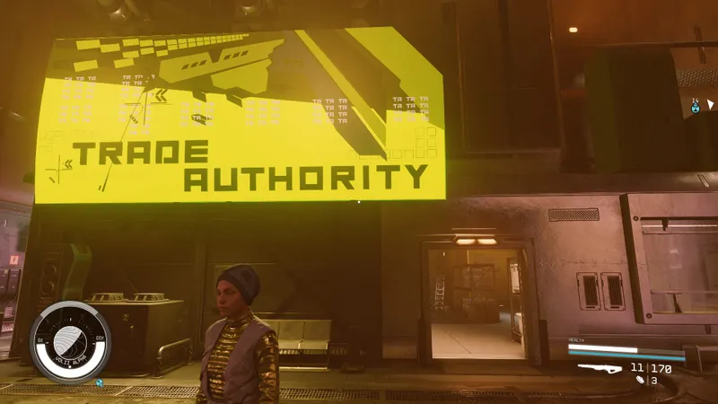 Devanture de l’Autorité Commerciale à Neon dans Starfield pour vendre la contrebande après un scan réussi