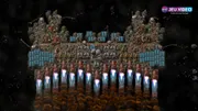 Plateforme spatiale de Factorio Space Age avec moteurs, panneaux solaires et défenses pour préparer une première expédition interplanétaire