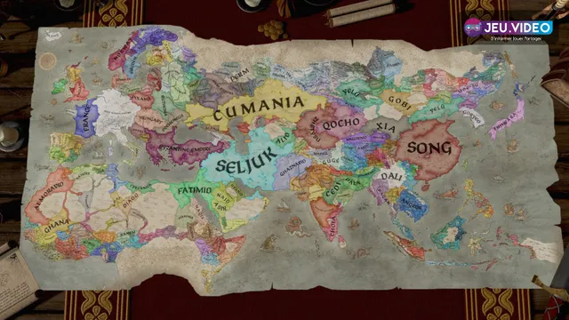 Carte officielle de Crusader Kings III montrant les territoires contrôlés et les panneaux de gestion du souverain.
