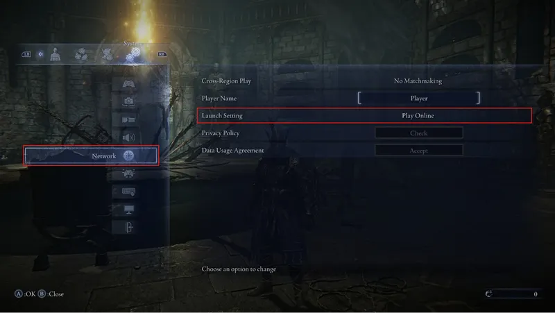 Menu Network Elden Ring Nightreign montrant Launch Setting sur Play Online avant de passer en mode hors ligne