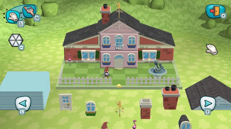 Pantalla de MySims que muestra una casa colorida y elementos de construcción