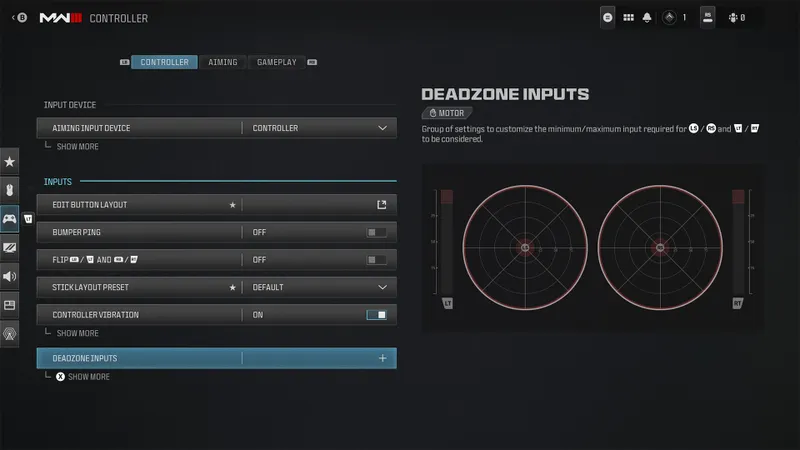 Écran Deadzone Inputs de Call of Duty avec les zones des sticks gauche et droit pour corriger le drift dans Warzone