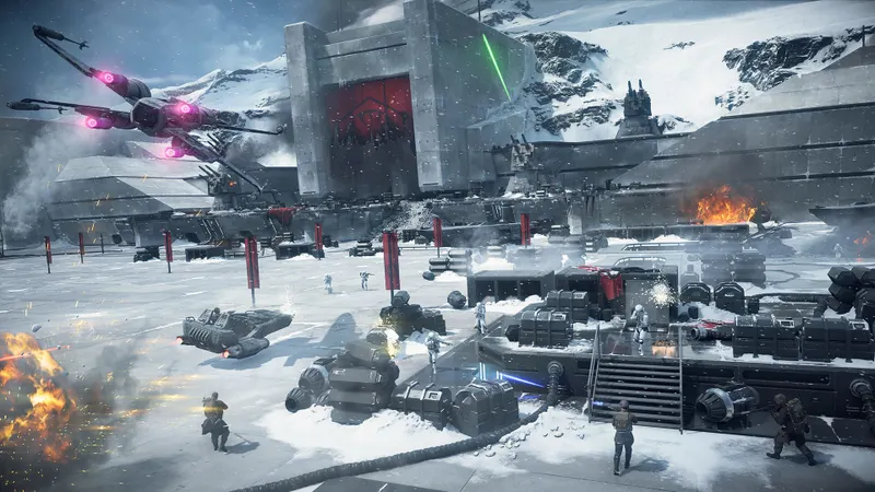 Champ de bataille enneigé de Star Wars Battlefront II avec longues lignes de tir à éviter avec Dark Maul