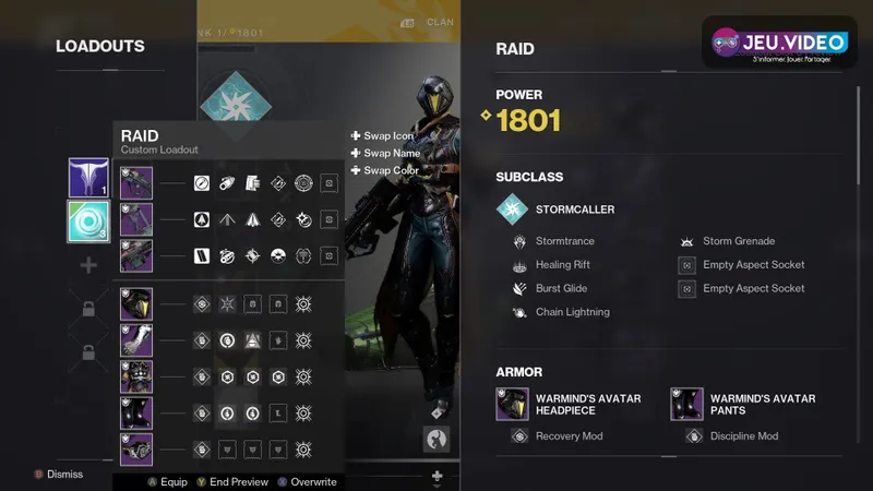 Écran du Chasseur prismatique de Destiny 2 avec ses capacités et aspects pour un build PvE polyvalent