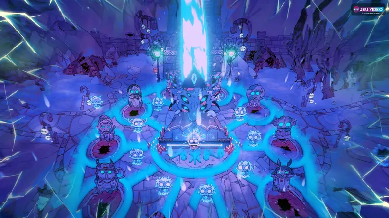 Sanctuaire glacé de Cult of the Lamb Woolhaven avec le Lamb devant une lumière bleue pour préparer l’entrée du DLC