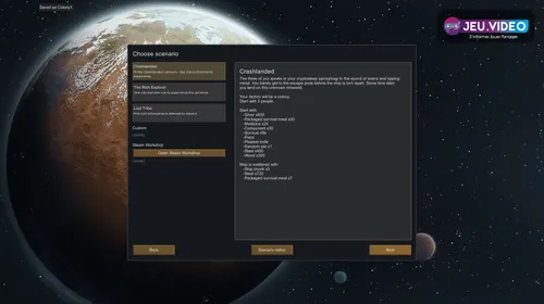 Image officielle Steam de RimWorld montrant une colonie pour préparer un départ débutant stable