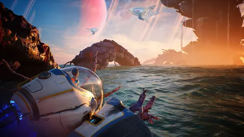 Subnautica 2 showcase montrant le Tadpole en surface sur une planète océanique