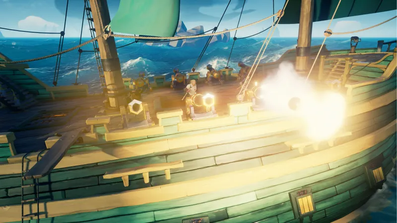 Pont d’un navire de Sea of Thieves avec canons actifs pour répartir les rôles entre barre, voiles, canons et réparations