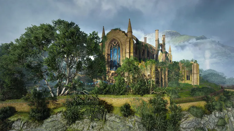 Abbaye envahie par la végétation sur Midsummer Isle dans Atomfall Wicked Isle