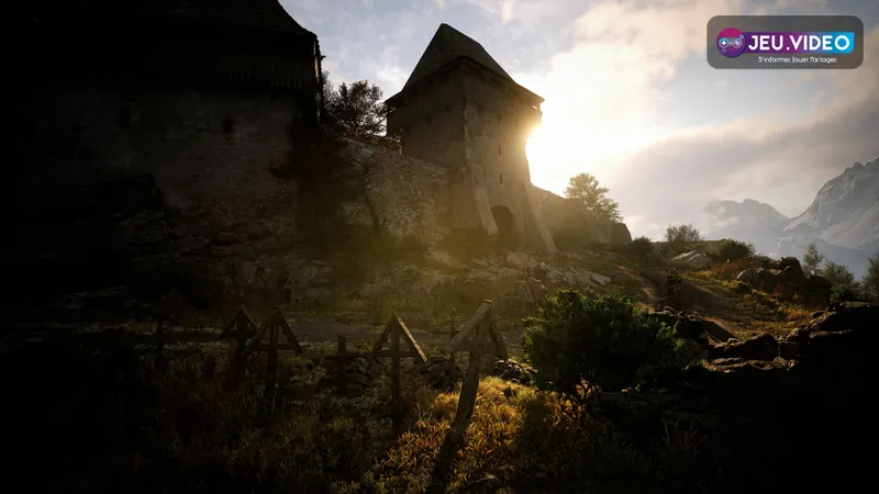 The Blood of Dawnwalker gameplay montre une forteresse baignée de lumière au cœur du monde ouvert