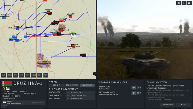Battlespace Command affichant des avions et des informations de combat modernes