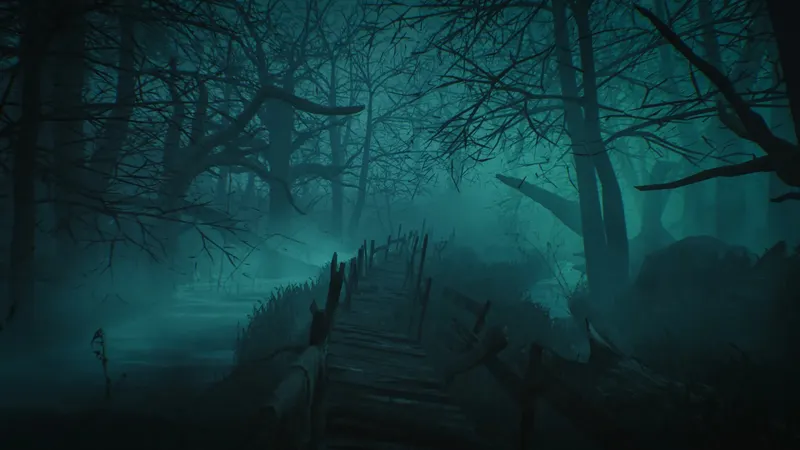 Remorses montre une forêt brumeuse menant vers le manoir hanté