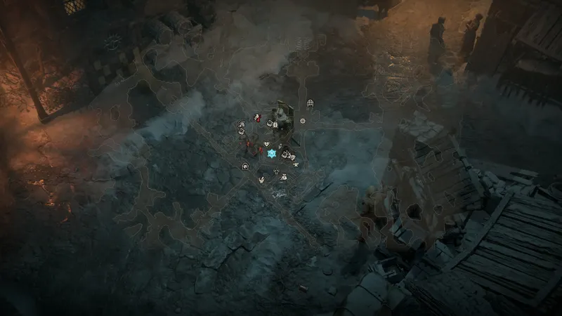 Carte superposée de Diablo IV utilisée pour tracer un itinéraire rapide entre deux activités