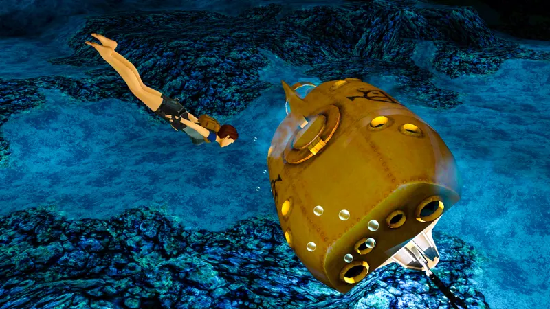 Lara Croft nage près d’un submersible dans Tomb Raider Remastered pour gérer l’air sous l’eau