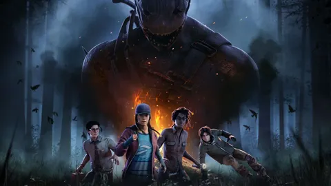 Scène de Dead by Daylight montrant un Survivant et le Tueur sur une carte sombre