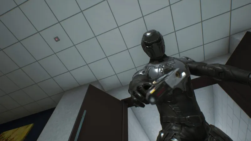 The Tower - Un homme en armure futuriste vous pointe avec une arme.