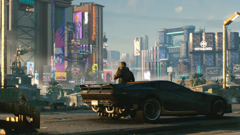 Capture officielle de Cyberpunk 2077 montrant V dans une scène urbaine de Night City