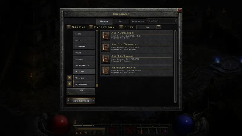 Interface Chronicle de Diablo 2 Reign of the Warlock listant des grimoires uniques Warlock