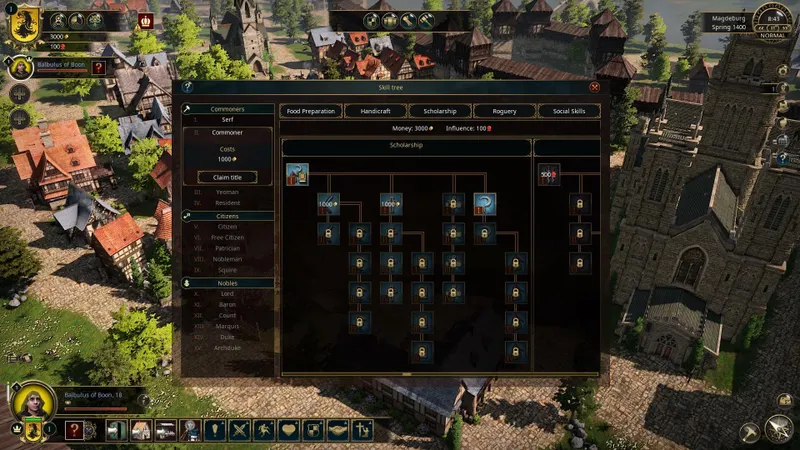 Arbre de compétences de The Guild 3 avec branches de métiers et titres à consulter au début
