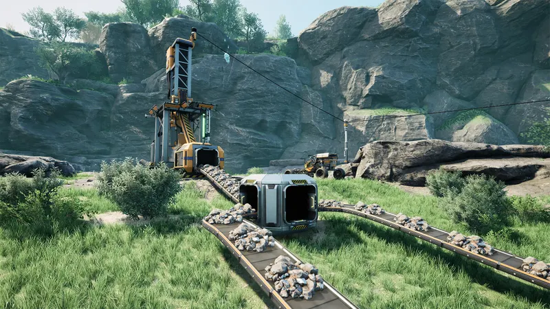 Exploration de la planète de Satisfactory près d’une installation, étape de repérage avant de choisir les ressources d’un nouveau déblocage