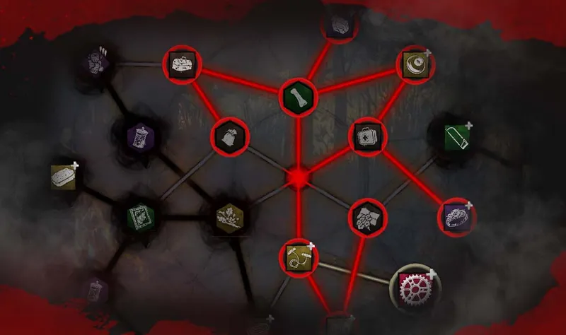 Bloodweb de Dead by Daylight montrant les nœuds à choisir pour débloquer compétences, objets et offrandes