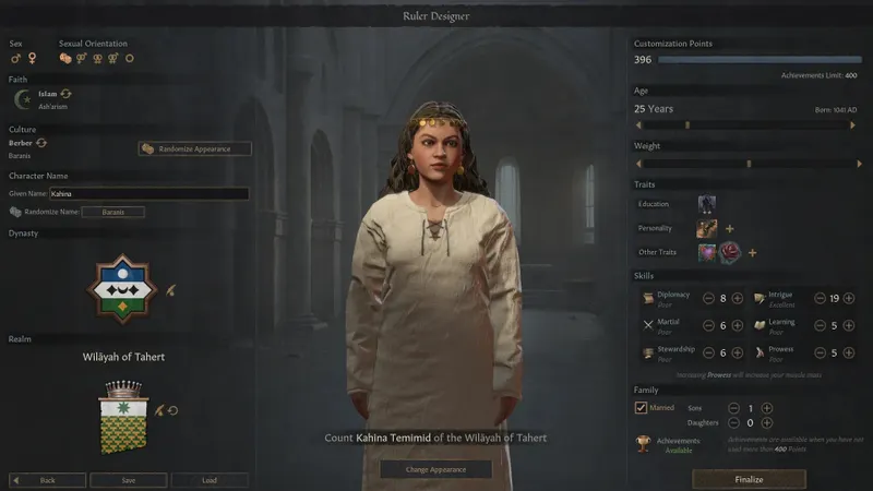 Créateur de dirigeant de Crusader Kings III montrant la foi, la culture et les traits à vérifier avant une restauration romaine