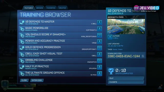 Pack Custom Training de Rocket League montrant un tir aérien sélectionné pour travailler le timing de décollage