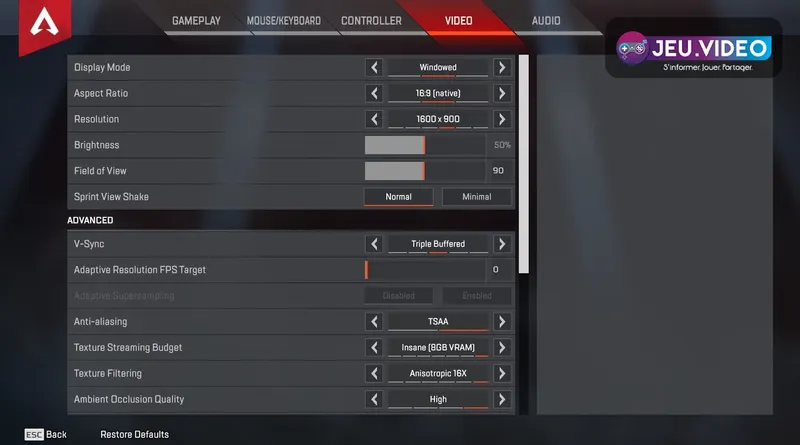 Onglet Vidéo des paramètrès PC d’Apex Legends avec le mode d’affichage, la résolution, la luminosité et le champ de vision.