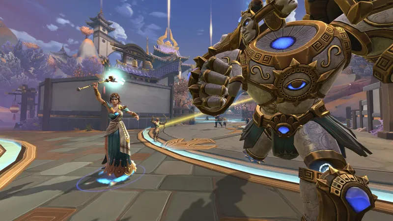 Combat de SMITE entre plusieurs dieux dans une arène, à vérifier avant de lancer une partie crossplay avec des amis