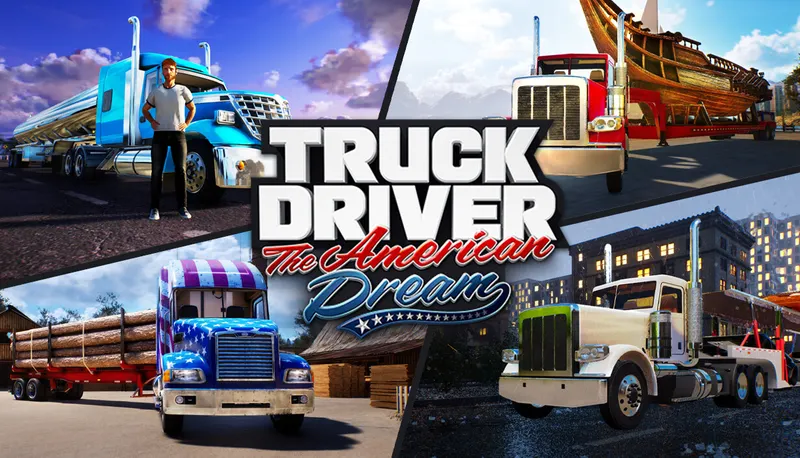 Truck Driver Steam montrant le camion américain et le logo du jeu sur fond routier