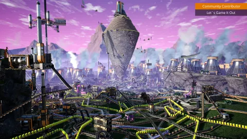 Vue panoramique officielle de Satisfactory montrant une installation industrielle dans le monde ouvert
