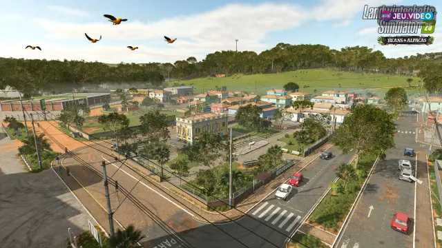 Farming Simulator 25 : key art de Catuaí avec plantations et véhicules agricoles
