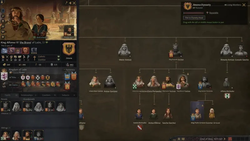 Arbre dynastique de Crusader Kings III montrant l’importance d’un héritier stable avant de restaurer Rome