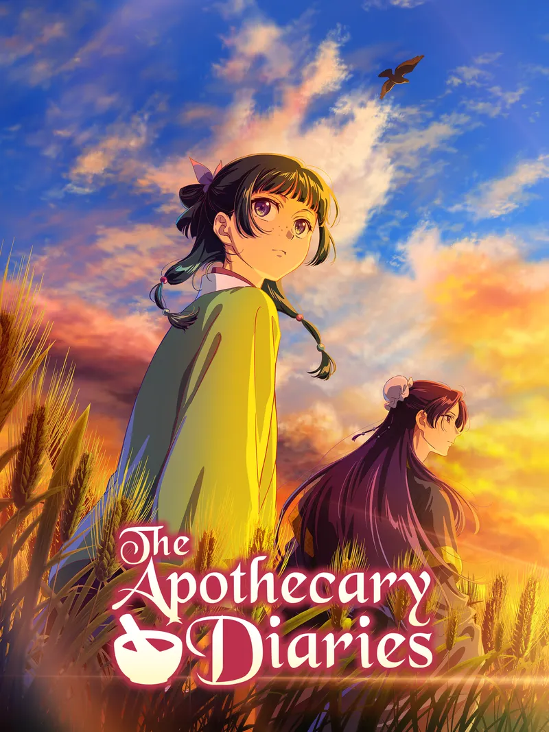 Illustration montrant deux jeunes femmes dessinées devant un ciel de coucher de soleil, avec un oiseau en vol et le titre « The Apothecary Diaries » dans les hautes herbes.