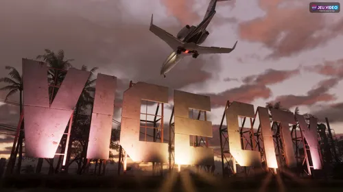 Panneau Vice City de GTA 6 avec avion au coucher du soleil pour illustrer la date de sortie officielle et le retour dans la ville principale