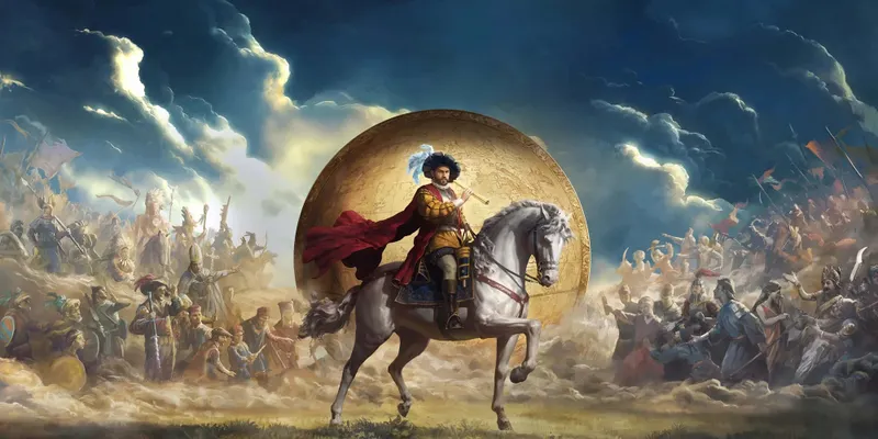 Europa Universalis V montre un cavalier devant une fresque historique de conquête