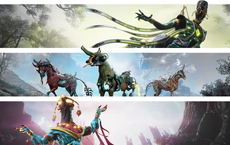 Visuel officiel Warframe montrant des montures Kaithe et des éléments cosmétiques de Duviri