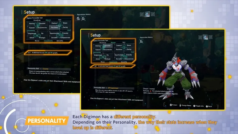 Tableau des personnalités dans Digimon Story Time Stranger avec profils de croissance