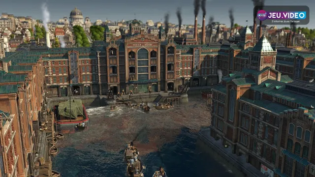 Port industriel d’Anno 1800 montrant les entrepôts et quais à organiser pour les premières routes commerciales
