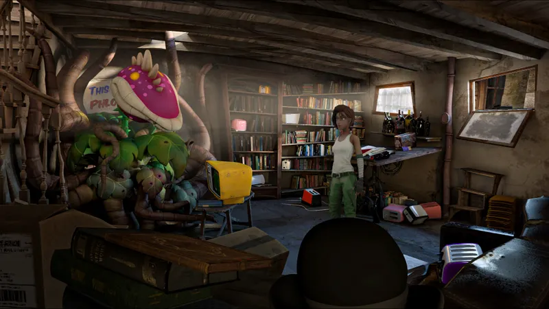Whirlight sur Steam avec Margaret face à une plante étrange dans une pièce rétro