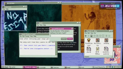 Interface rétro de Desktop Explorer montrant une enquête dans un ordinateur fictif