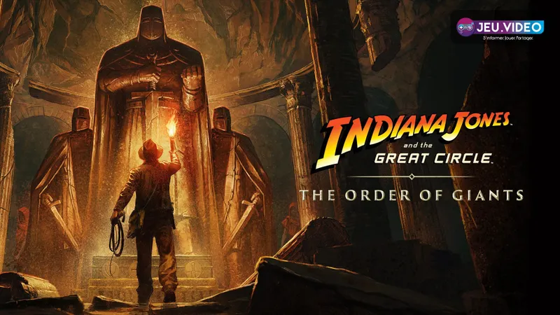 Indiana Jones devant les statues de géants dans The Order of Giants avant l