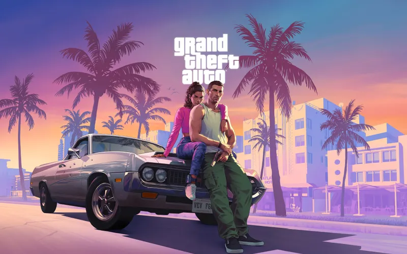 GTA 6 PC avec Lucia et Jason devant Vice City sur l’art officiel Rockstar