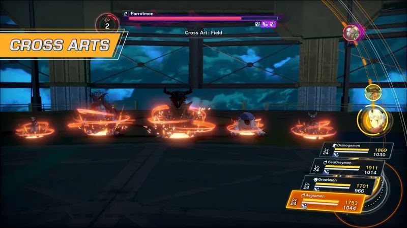 Combat contre Parrotmon dans Digimon Story Time Stranger avec un Cross Art Field